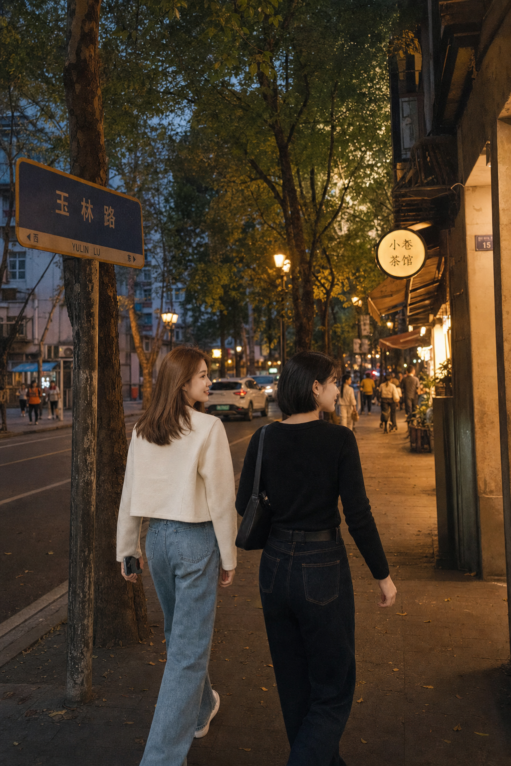傍晚街景、路灯亮起、去吃饭的电影感过场